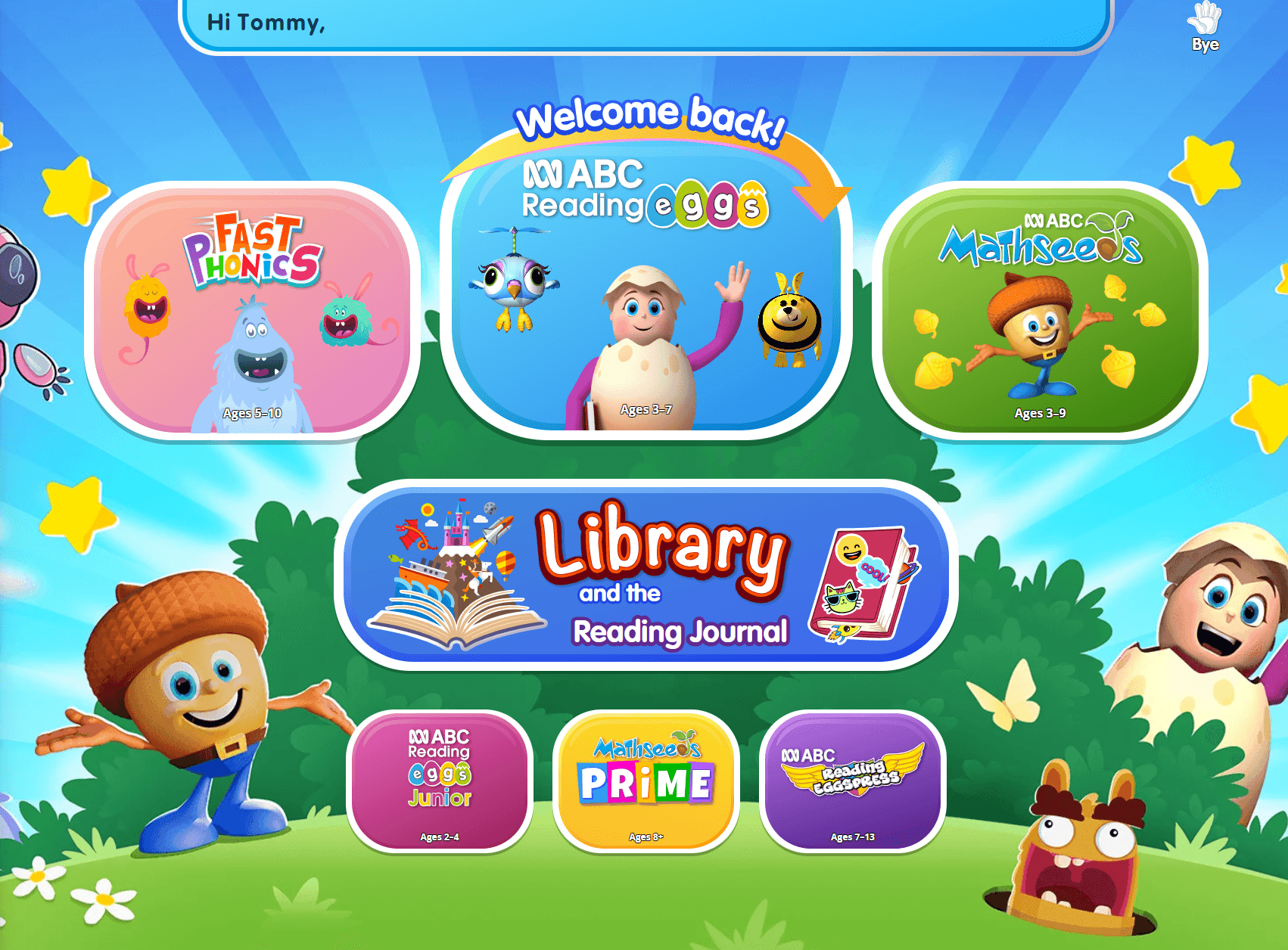 Reading Eggs program selection screen showing available reading and math programs and the Library