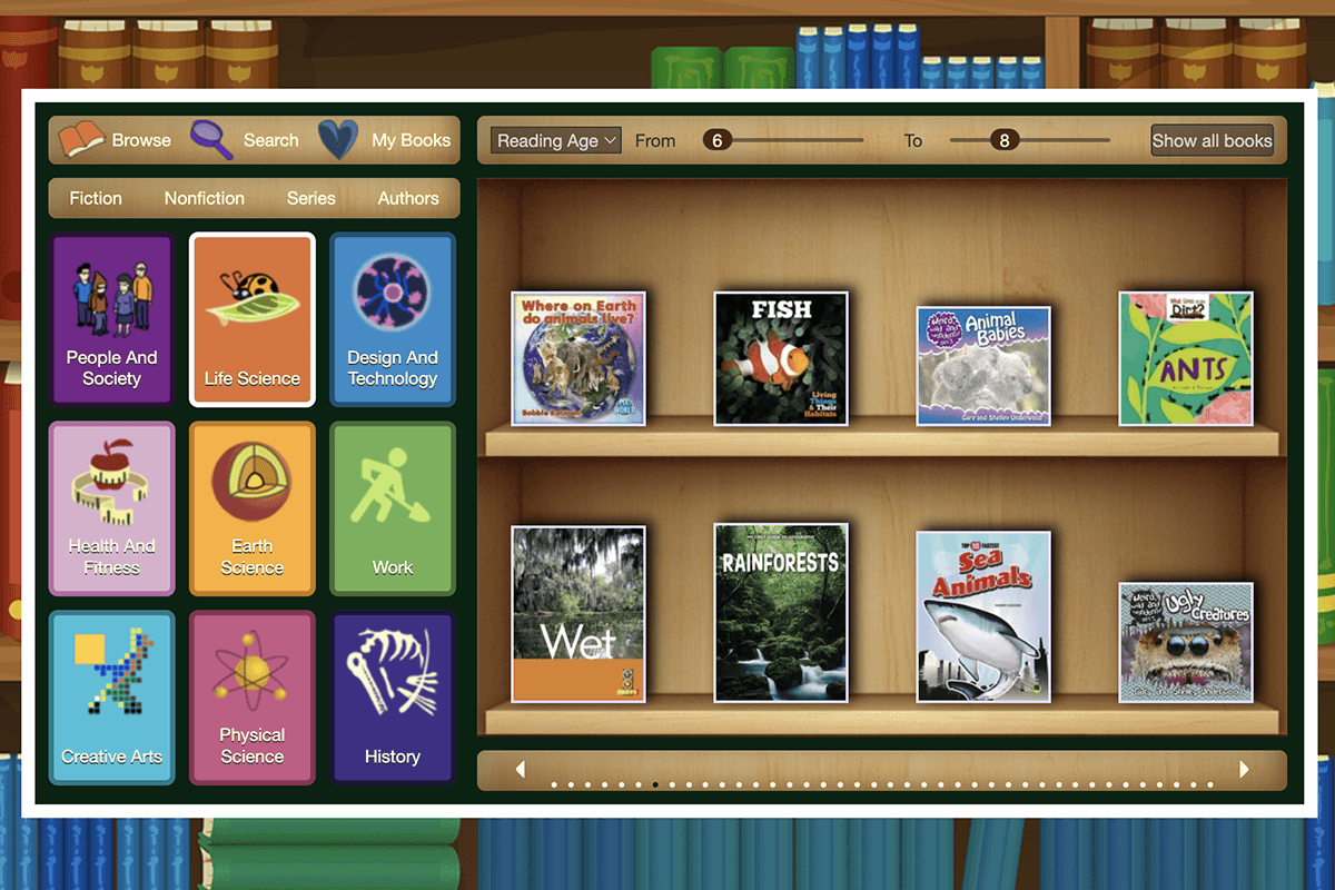 A screenshot of the Reading Eggs online library for kids
