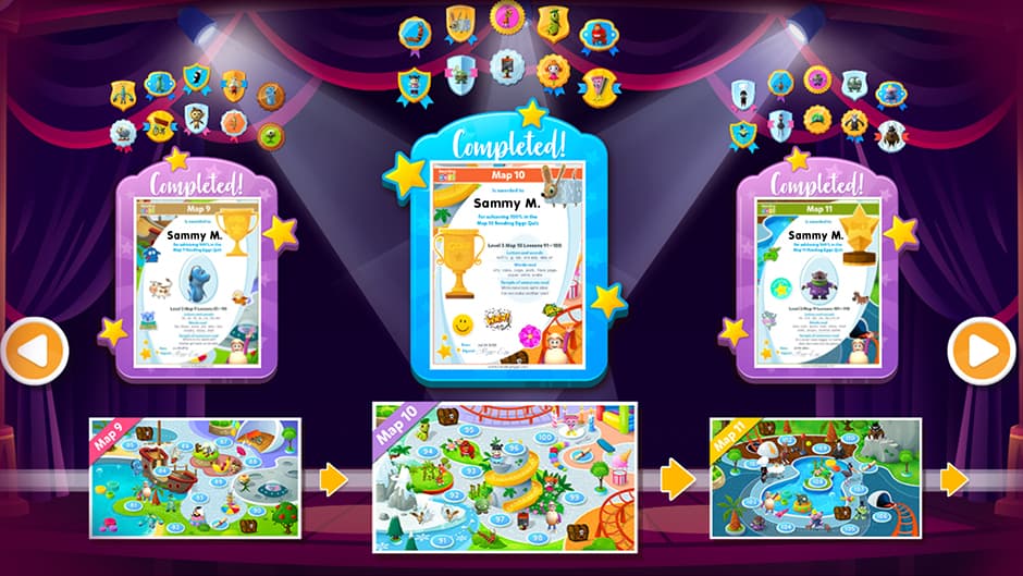 screenshot of the Awards section in Reading Eggs where children can view the certificates they've earned, critters they've hatched and maps completed
