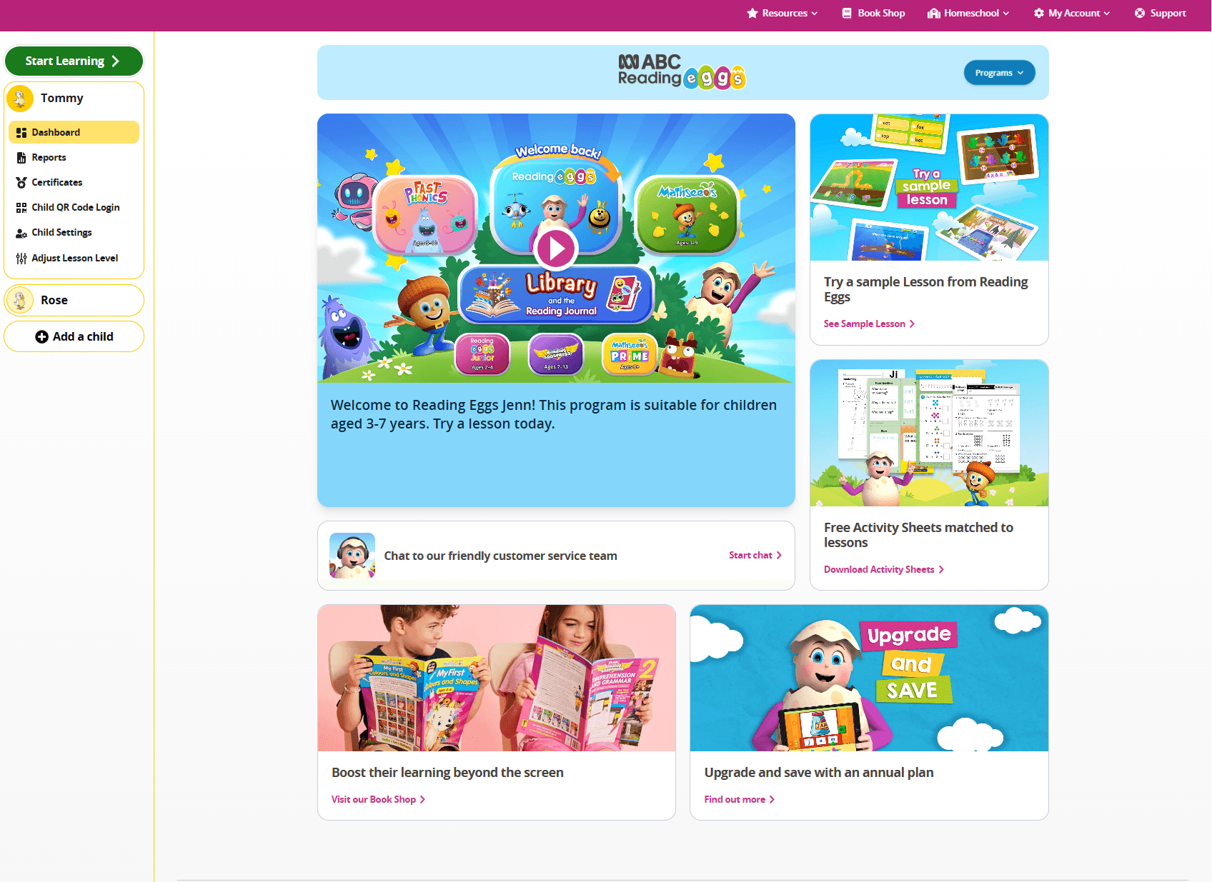 Screenshot of the Reading Eggs Family Dashboard. Each child's profile has a login and their access settings can be customized.