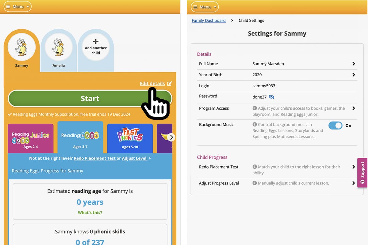 Screenshot of the Reading Eggs Family Dashboard. Each child's profile has a login and their access settings can be customized.
