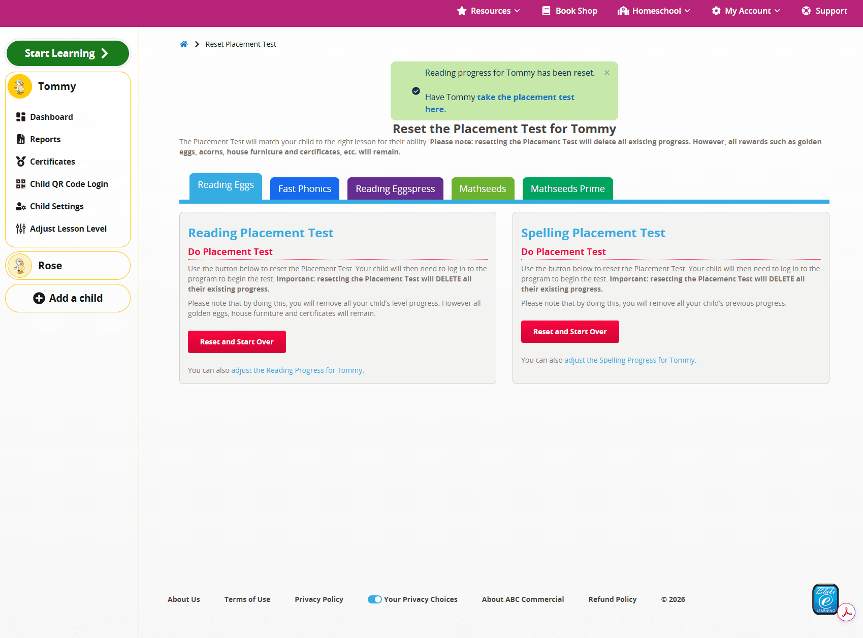 Reading Eggs Family Dashboard showing the option to reset a child’s Reading Placement Test and start over.