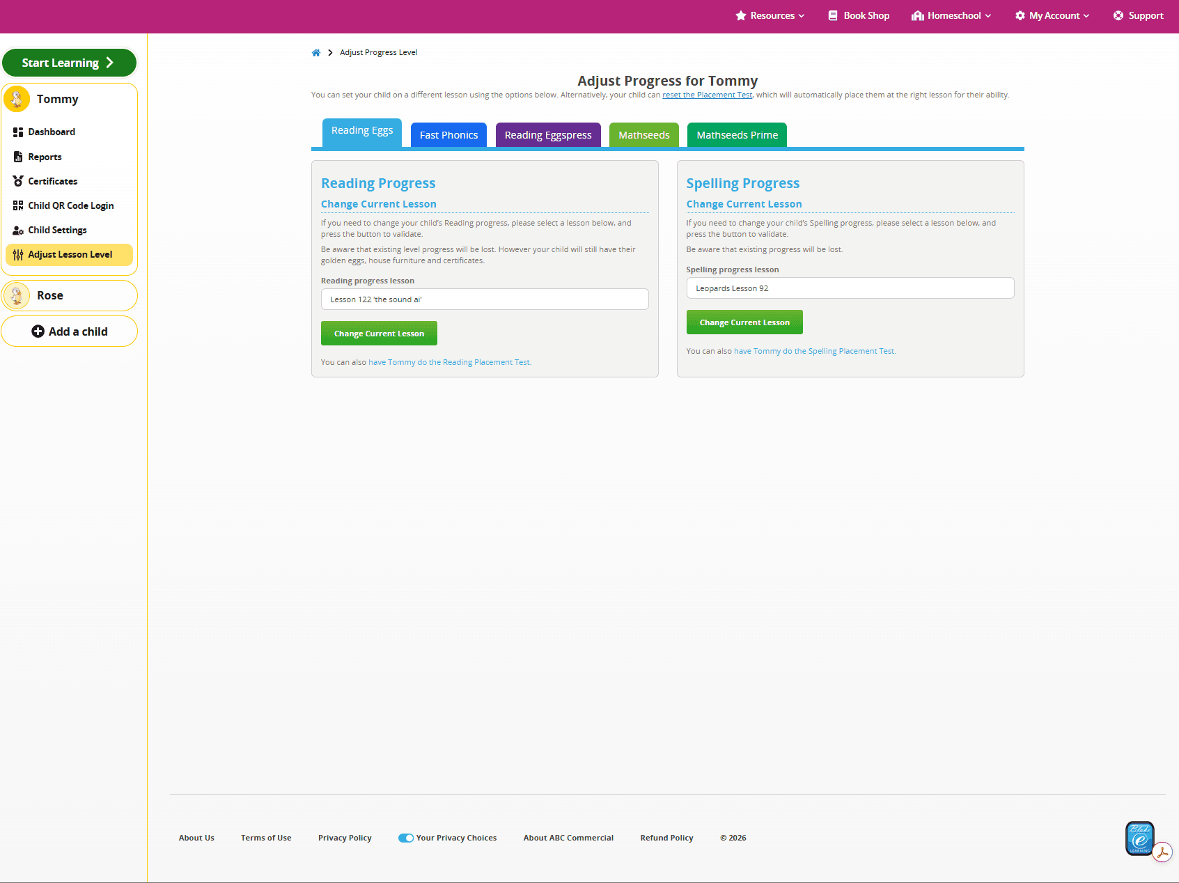 screenshot of the Adjust Progress Level area of the Reading Eggs Family Dashboard