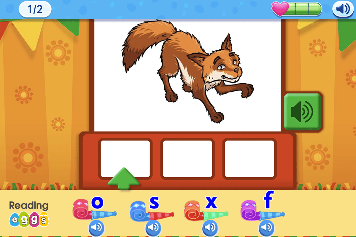 screenshot from Reading Eggs where children hear the sounds of letters and make the word 'fox'