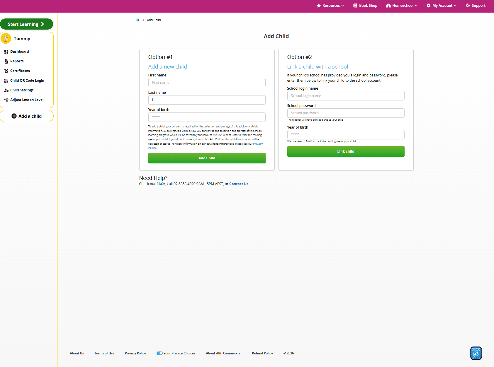 screenshots demonstrating how to add a child to a Reading Eggs account through the Family Dashboard