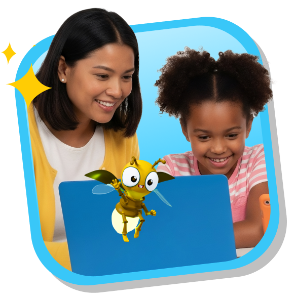 A teacher helping a young student use the Reading Eggs learning app on a laptop, with the Reading Eggs bee character in the foreground.